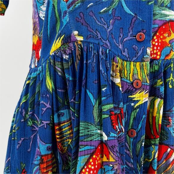 Vtg 70s Adini Tropical Fish Print Gauze Midi Button-Up Dress size Medium - Picture 7 of 13